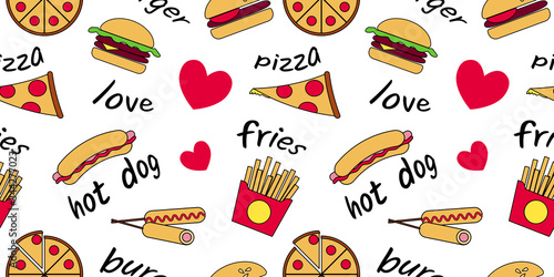 Fast food seamless pattern.Bright juicy icons and text on a white background.Hot dog, pizza, Burger, French fries, corn dog, I love fast food.