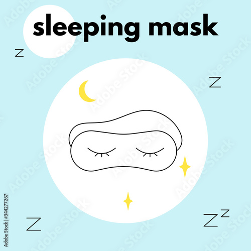 Poster of a sleep mask. Icon mask for sleeping in a linear style with graphic elements,the stars, the moon.Vector illustration.Healthy sleep, protection from light.