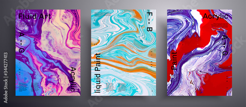 Abstract liquid banner, fluid art vector texture set. Artistic background that applicable for design cover, invitation, presentation and etc. Red, purple and golden creative iridescent artwork