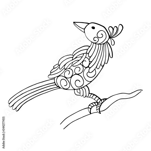 Bird on the branch. Hand drawn coloring page. Stock vector illustration.