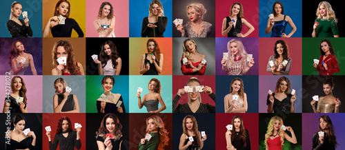 Collage of females with make-up, in stylish dresses and jewelry. They smiling, showing aces and chips, posing on colorful backgrounds. Poker, casino