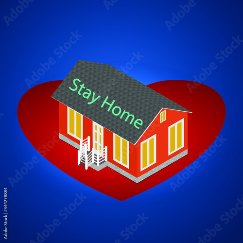 Stay at home text on house. Stay home during the coronavirus epidemic. Virus prevention concept. Stock vector illustration on blue background.