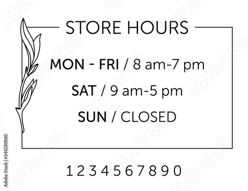 Business hours for cafe. Store schedule design. Linear drawing minimalistic style