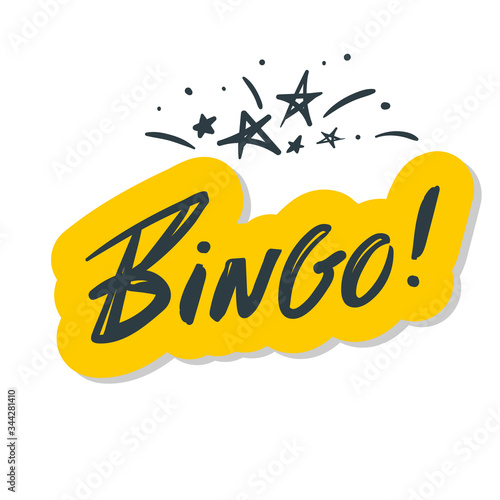 Bingo. Lettering Beautiful greeting card scratched calligraphy blue text word.Hand drawn invitation T-shirt print design.Handwritten modern brush lettering yellow white background isolated vector.