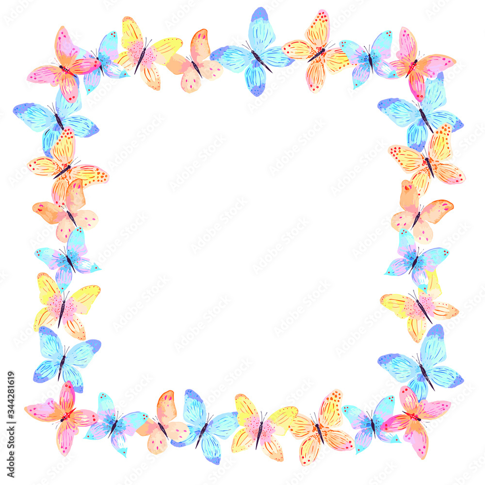 Frame with the butterflies in different colors, pink, blue, yellow isolated on the white background . Illustration for cards and invitations. Vector 