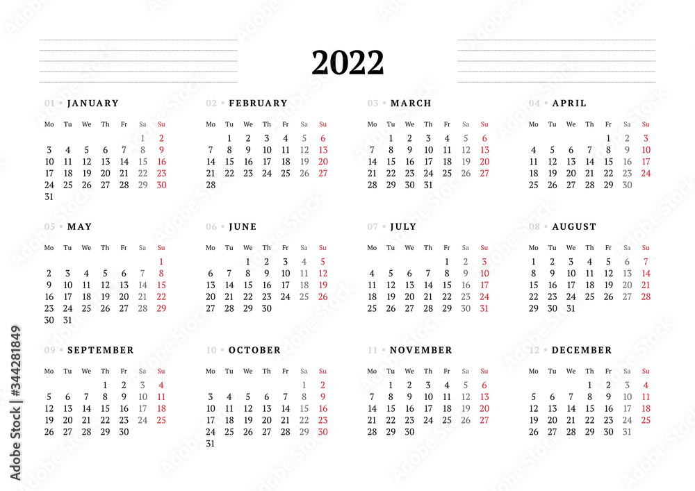 Calendar template for 2022 year. Stationery design. Week starts on Monday.