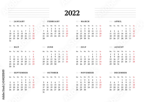 Calendar template for 2022 year. Stationery design. Week starts on Monday.