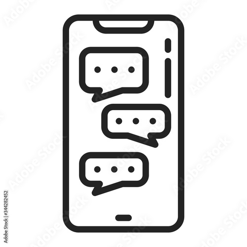 Chatting on smartphone screen black line icon. Internet communication. Home leisure. Isolated vector element. 