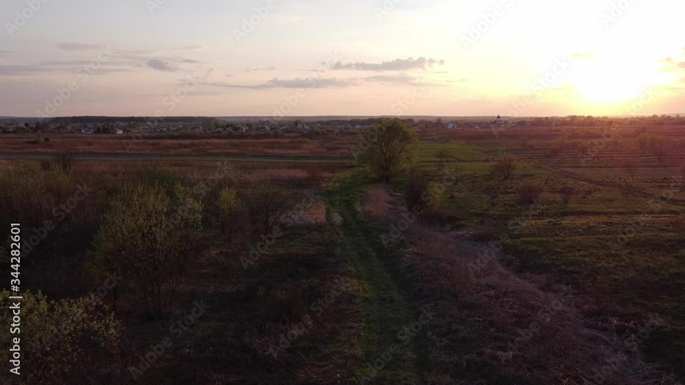 Beautiful scenic aerial drone video of green grass road in summer field in sunset light Beautiful scenic aerial drone video of green grass road in summer field in sunset light