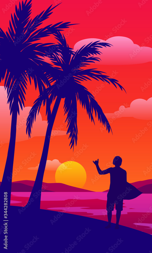 Surfer silhouette on beach with sunset paradise vintage poster