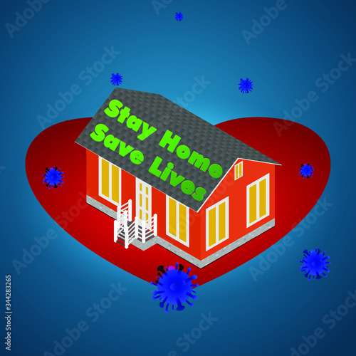 Stay at home text on house. Stay home during the coronavirus epidemic. Virus prevention concept. Stock vector illustration on blue background.