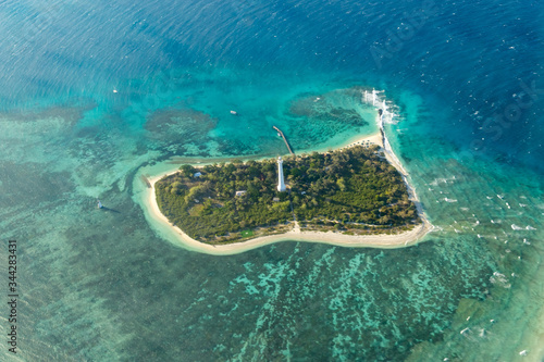 aerial view of amedee lighthouse located off the coast of noumea on a tropical island 