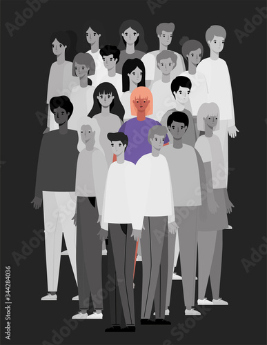 Woman avatar in color between black and white people group vector design