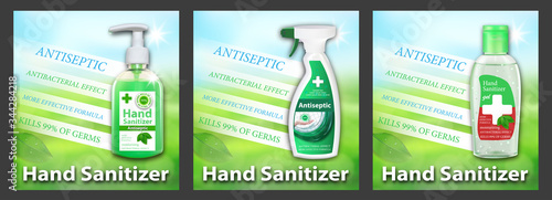 Set banners Hand Sanitizer ads. Antiseptic agent for hand and surfaces in various packages with dispenser. Antibacterial effect, best protection against viruses. Vector