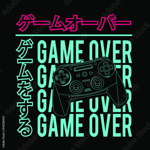 vector illustration of a joystick, tee shirt graphics, game over typography, 