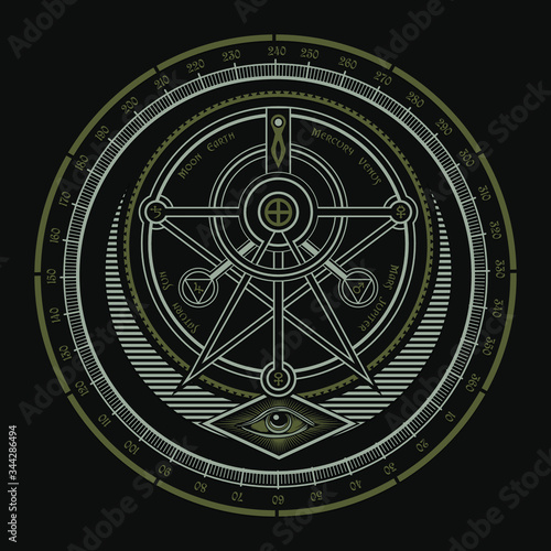 vector illustration of a compass, esoteric typography, tee shirt graphics