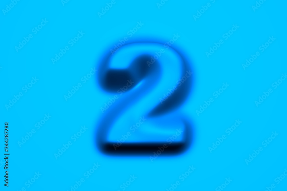 Blue soft wax or plastic alphabet - number 2 isolated on light blue background, 3D illustration of symbols