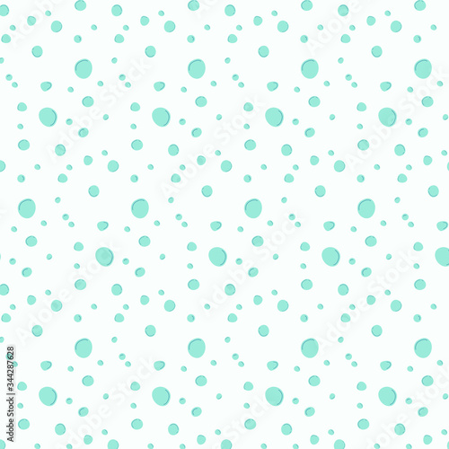 Light green and blue hand drawn chaotic soap bubbles pattern on light turquoise background. Abstract vector seamless for fabrics, wrapping, backdrops, banners, prints, cards, decoration and covers.
