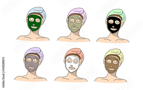 Set of woman apply facial sheet mask on face. Green tea, moisturizing, clay, charcoal and natural mask treatment doodle vertor.