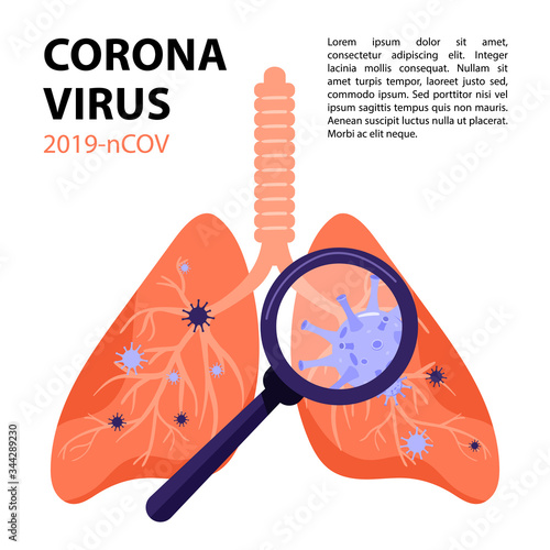 2019-nCoV Coronavirus spread of the virus. Lungs infection. Magnifier detects lung virus. Vector illustration on white background with copy space.