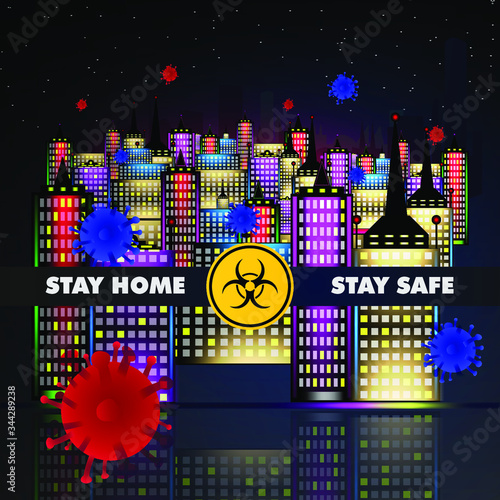 Stay at home text on house. Stay home during the coronavirus epidemic. Megapolis. Virus prevention concept. Stock vector illustration on dark background.