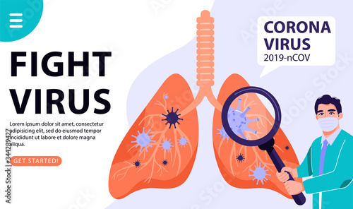 2019-nCoV Coronavirus spread of the virus. Doctor with magnifier detects lung virus and treating the lungs infected by coronavirus. Healthcare vector landing page, website and banner illustration.