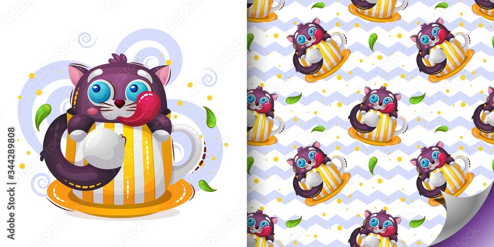 Set of vector seamless pattern with sweet funny animal cat in the cup and sweet baby illustration Kids print for wallpapers. wrapping or textile