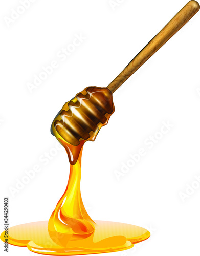 Realistic honey stick dripping from wooden honey dipper