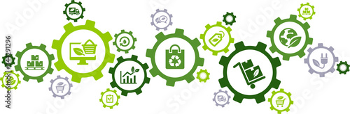 ecological product and packaging vector illustration. Green concept with connected icons related to environmentally friendly shopping or ecommerce, sustainable procurement or purchasing, zero waste.