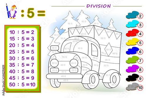 Exercise for kids with division by number 5. Paint the picture. Educational page for mathematics baby book. Printable worksheet for children textbook. Back to school. IQ test. Vector illustration.