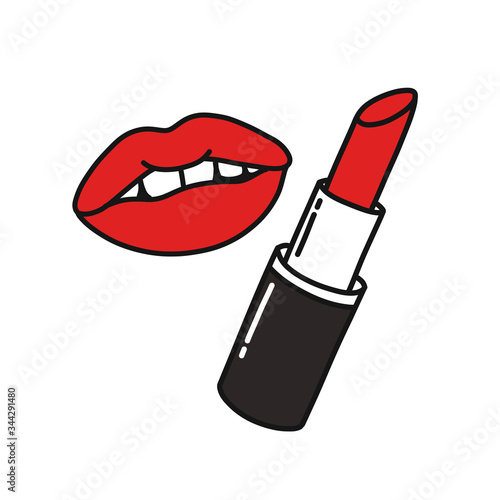 lipstick and lips doodle icon, vector illustration