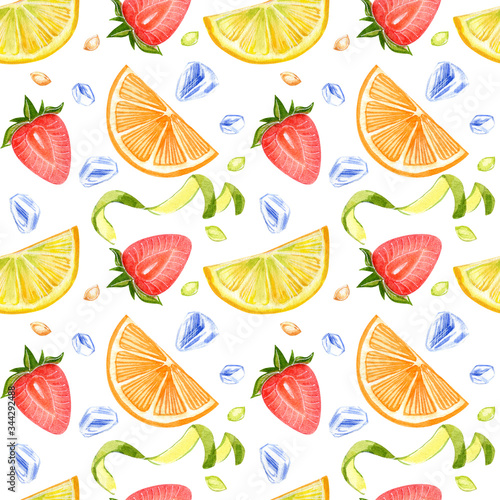 Fototapeta Naklejka Na Ścianę i Meble -  Seamless pattern with strawberry, lemon and mint on a white background. Watercolor hand drawn illustration.