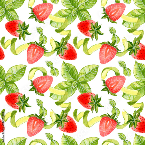 Seamless pattern with strawberry and mint on white background.Watercolor hand drawn illustration.