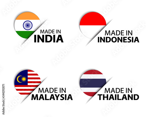 Free Download Set of four Indian, Indonesian, Malaysian and Thai stickers. Made in India, Made in Indonesia, Made in Malaysia and Made in Thailand. Simple flags isolated on a white background - GFXLoad