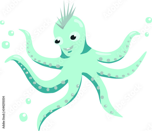 funny octopus swims in the ocean. on his head a mohawk