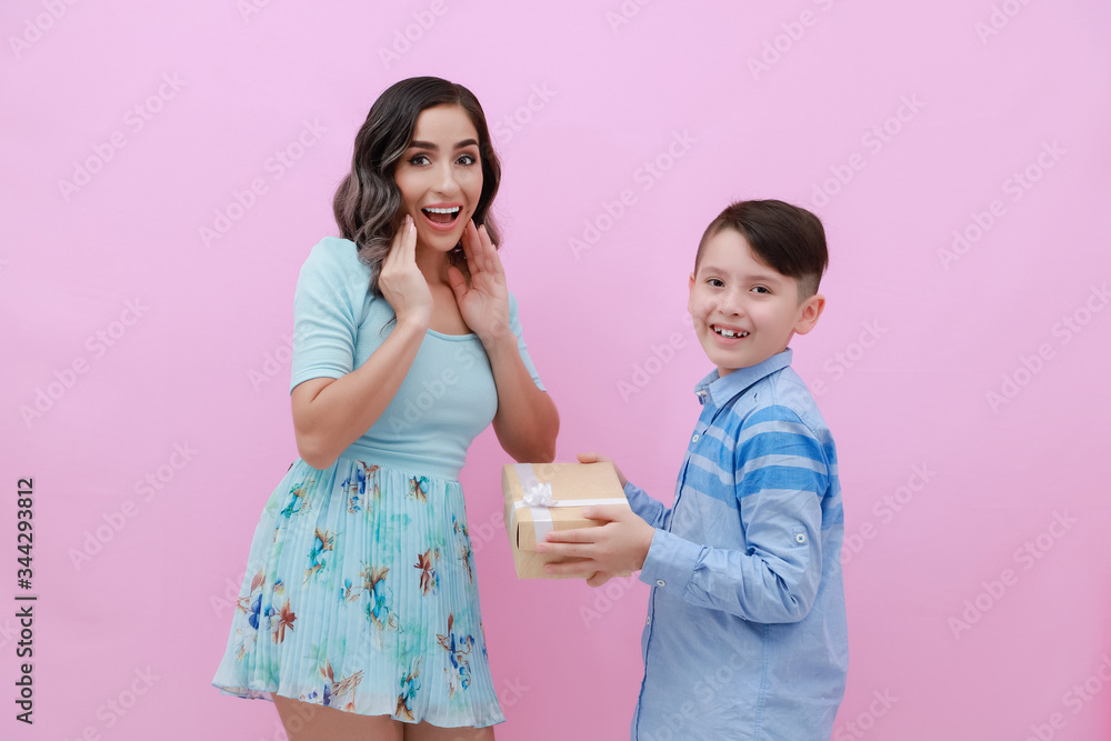 Mom and son with a present, Mother and son, mother´s day Mom and son with a present, Mother and son, mother´s day