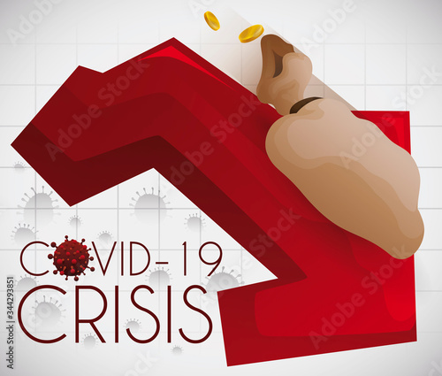 Red Down Arrow and Sliding Money Bag due COVID-19 Crisis, Vector Illustration