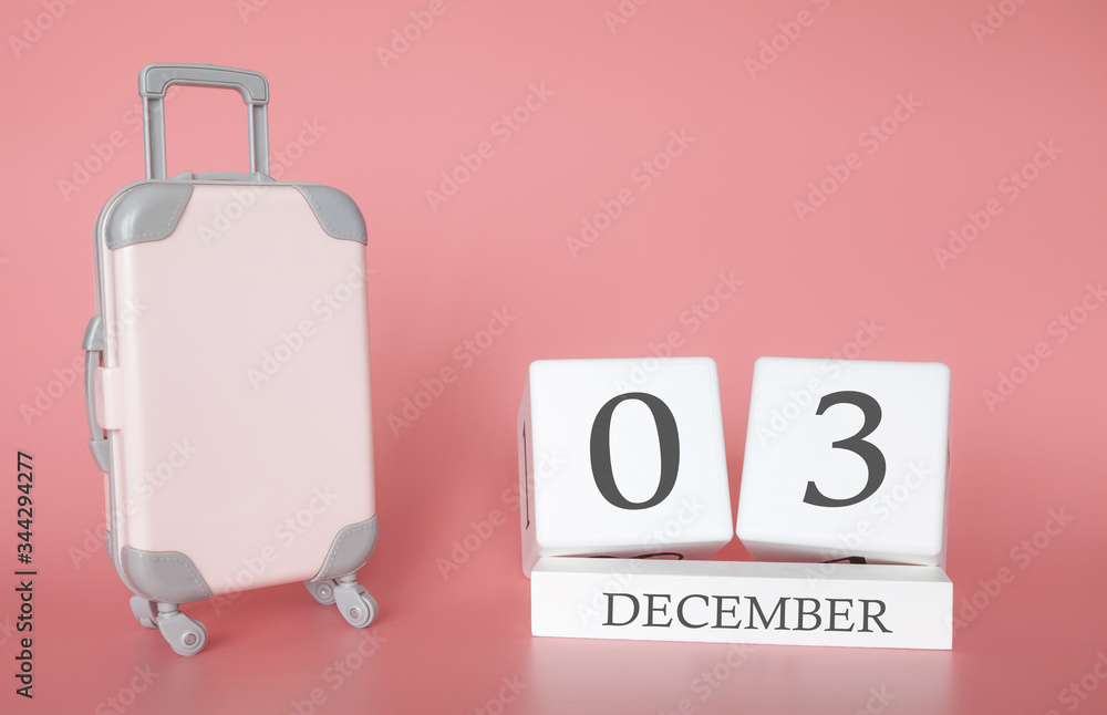 Calendar wooden cube. December 03, time for a winter holiday or travel, vacation calendar Calendar wooden cube. December 03, time for a winter holiday or travel, vacation calendar