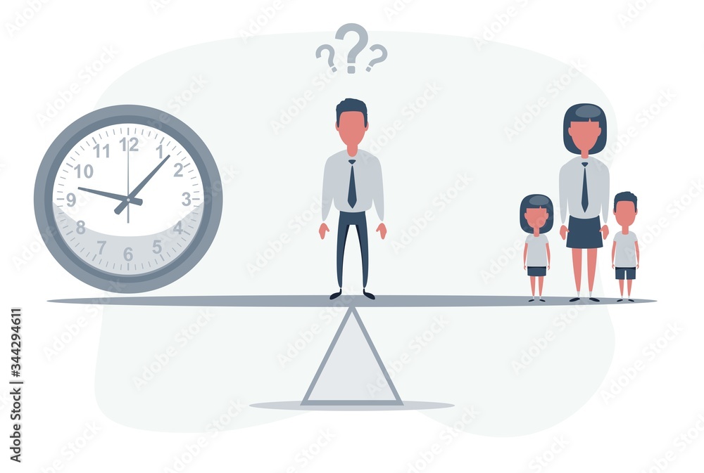 Balancing Family and Work Time. Vector flat design illustration.