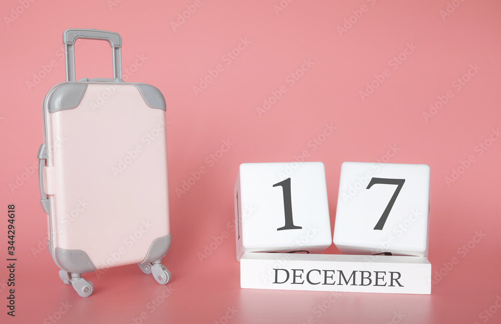 Calendar wooden cube. December 17, time for a winter holiday or travel, vacation calendar Calendar wooden cube. December 17, time for a winter holiday or travel, vacation calendar