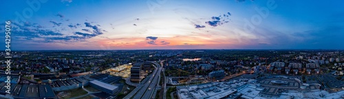 Panoramic aerial drone photo of Katowice at evening