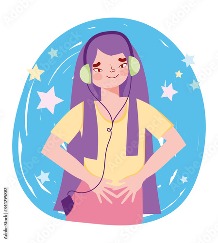 young girl with headphones mobile listening music