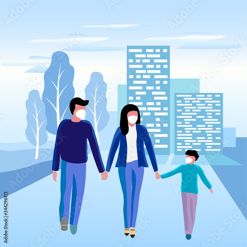 Vector illustration of a family walking in protective masks against the virus