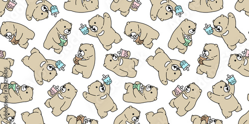 bear seamless pattern polar bear Boba milk tea vector bubble milk tea cartoon scarf isolated repeat wallpaper tile background textile doodle illustration design
