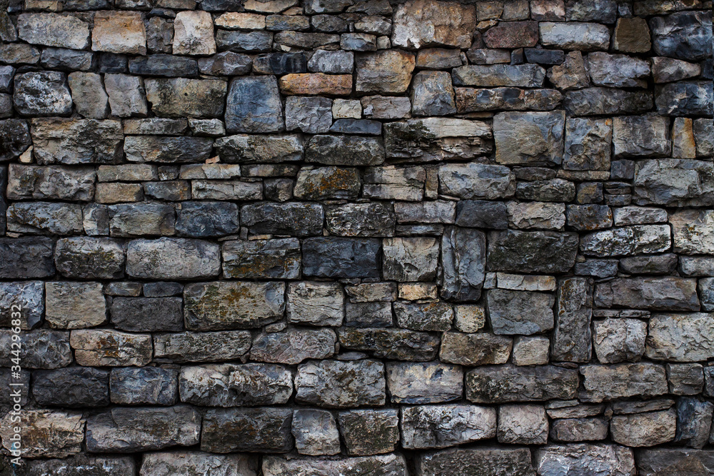 Section of an old granite stone wall with failing mortar and no pointing. Large dark gray stones of various sizes.