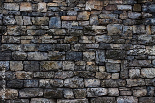 Section of an old granite stone wall with failing mortar and no pointing. Large dark gray stones of various sizes.