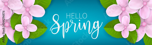 Hello spring banner or website header. Pink flowers with green leaves on blue background.