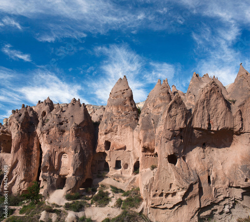 Unique geological formations in famous Zelve valley, Cappadocia, Anatolia, Turkey