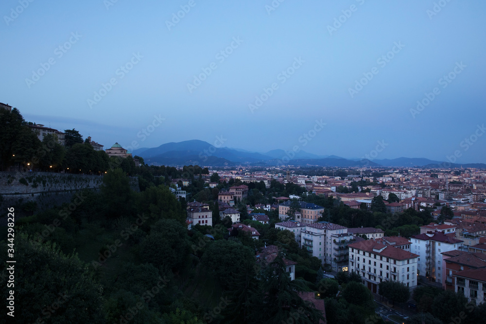 Historical town Bergamo near Milan at dusk, Lombardy, Italy. Summer holiday.