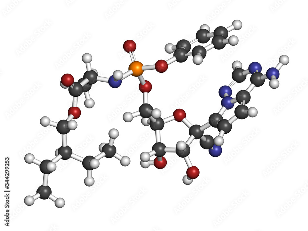 Remdesivir antiviral drug molecule. 3D rendering. Atoms are represented as spheres with conventional color coding: hydrogen (white), carbon (grey), nitrogen (blue), oxygen (red), phosphorus (orange). Remdesivir antiviral drug molecule. 3D rendering. Atoms are represented as spheres with conventional color coding: hydrogen (white), carbon (grey), nitrogen (blue), oxygen (red), phosphorus (orange).